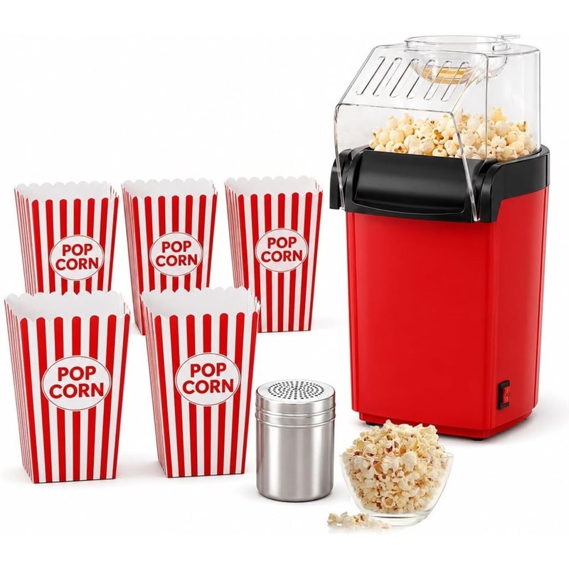 Air Popcorn Maker - เครื่องทำป๊อปคอร์นด้วยลมร้อน A83G พร้อมกล่องป๊อปคอร์น 5 ใบและที่เขย่าเครื่องปรุงรส ความจุ