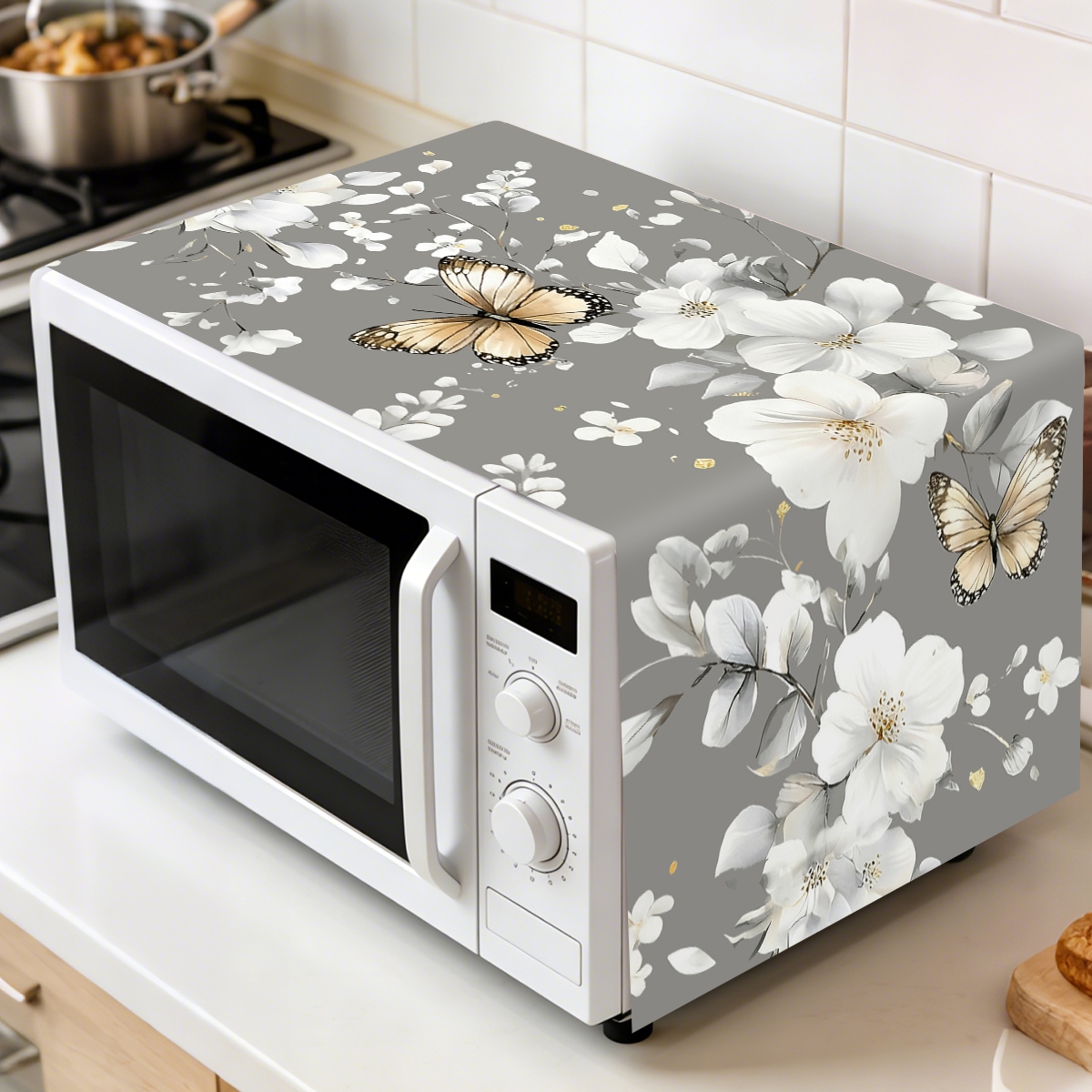 Kitchen Appliances Design - 1 ชิ้น ผ้าคลุมกันฝุ่นไมโครเวฟลายดอกไม้สีขาว 35x85 ซม. ลายผีเสื้อ