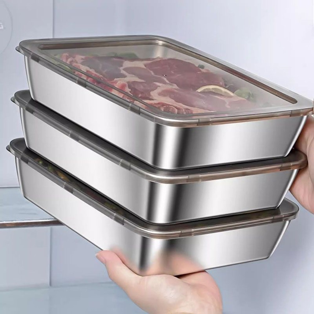 Kitchen Appliances Organizer - ถาดเสิร์ฟสแตนเลสเกรดอาหารพร้อมฝาปิด, ภาชนะเก็บอาหารทรงสี่เหลี่ยมอเนกประสงค์, ถาดอาหารในครัวแบบปิดสนิทพร้อมฝาปิด