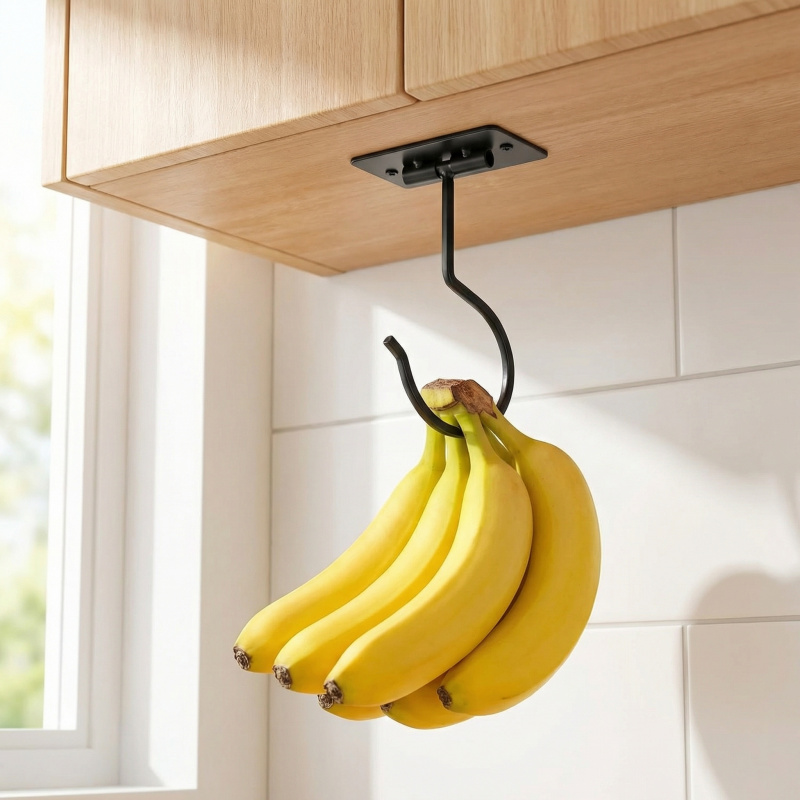 Kitchen Appliances Organizer - ตะขอแขวนกล้วยแบบติดผนังโลหะสีดำ พับเก็บได้ ช่วยประหยัดพื้นที่ ใช้จัดระเบียบอาหารในตู้ครัว 1-2 ชิ้น